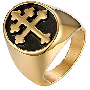 JewelryWe Ring Herren Kreuz Siegelring: Glitzer Strass Kreuz Quadrat Edelstahl Herren-Ring Christliche Religiöse Signet Ringe Männer Band mit Gravur Gold Größe 59