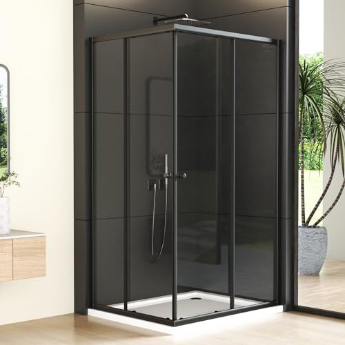 Eckeinstieg Duschkabine 80x100x185 cm Doppel Schiebetür Duschabtrennung 6mm ESG Glas Mattes Schwarz Duschwand Sicherheitsglas, Duschtür Höhe 185cm