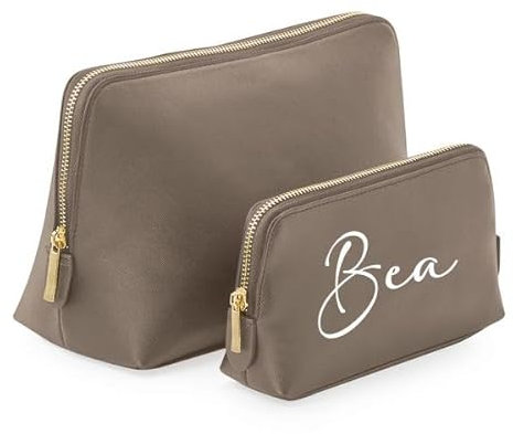 Kosmetiktasche mit Name - Personalisierte Schminktasche - Kosmetikbeutel mit Name - Geschenk Mama, Oma, Tante - Kosmetikaschen Set (Taupe/Gold, Set | klein+groß)