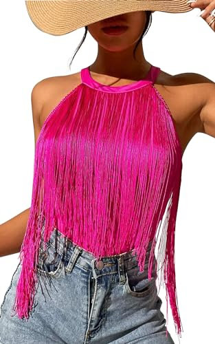 Maeau - Haut sans Manches Femmes à Franges Top Casual Col Rond Débardeur Sexy sans Manches Élégant Soirée Fête - Rouge Rose - XL