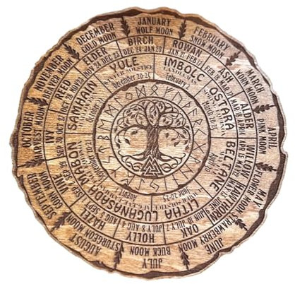 Hexerei Wandbehang, Einzigartiges Esoterisches Heidnisches Hexenschild, Langlebiger Hexenplaner, Handgraviertes Holzrad des Jahres, Kalender Baum des Lebens, Okkulte Hexe Wanddekoration für