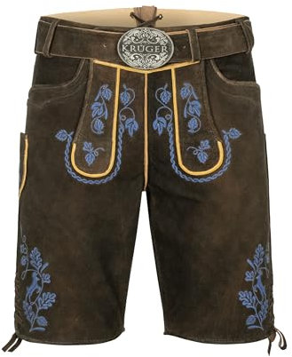 Krüger Herren Trachten Lederhose kurz, Modell: Roland mit Gürtel, Knielang, braun, Tracht, Volksfest