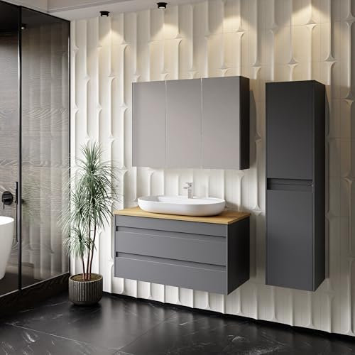 Badezimmermöbel Set Lara Konsole 100 Anthrazit | Keramikwaschbecken | Unterschrank | Spiegelschrank | Softclose-Schubladen & -Türen & unsichtbare Griffe | Moderner Stil | Badmöbel Waschtisch