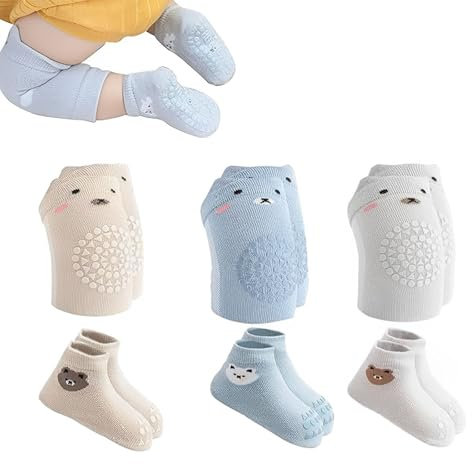 Geaanen Knieschoner Baby Krabbeln 3 Paar Krabbel Knieschoner Baby Krabbelhilfe für Babys Geeignet für Babys Im Alter Von 1–3 Jahren Es Gibt Auch 3 Paar Socken in Grau Khaki Und Blau