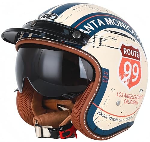Jethelme 3/4 Halber Motorradhelm, Retro-Motorradhelm, DOT/ECE-Zugelassener Retro-Jet-Helm Für Damen Und Herren, Moped, Motorrad, Helikopter A,L61-62CM