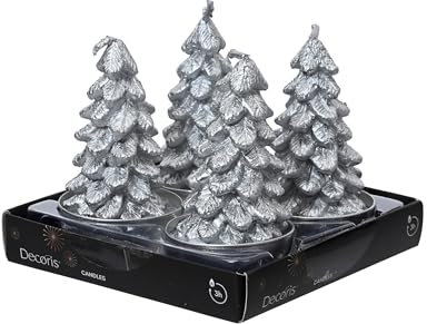 Kaemingk Teelichter Kerzen Paraffin 7cm Tannenbaum Form 4er Set - Adventskerzen für den Teelicht Adventskranz - Tischkerzen Dekokerzen - Tischdeko & Weihnachtsdeko - Silber