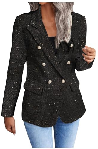 Femme Blazer à Carreaux ÉLéGant Vestes Courtes En Tweed Col Revers Manches Longues Slim Fit Ol Bureau Affaires Veste De Costume Devant Ouvert Vintage à Double Boutonnage Cardigan Blouson Jacket