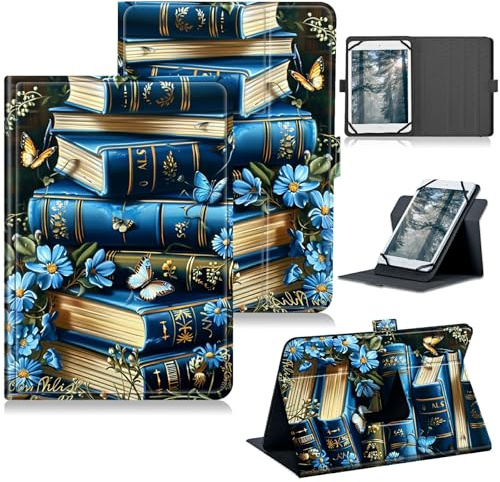 RWUTYTIUL for Universal Tablet Case 7 7.9 8.0 8.3 8.4 8.7 9 Android, 360 Degree Rotating Kickstand Protective Stand Case with Multiple Viewing PU Leather Shell Case for Women, Purple Blue Book