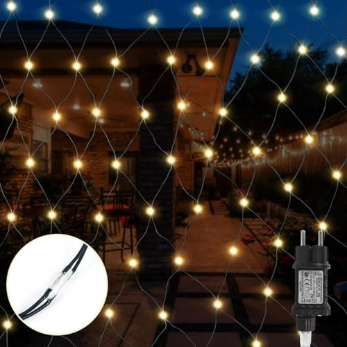 Gresonic 104er LED 1m*1.2m Lichternetz Lichtervorhang Lichterkette Warmweiß Deko Leuchte Innen und Außen Weihnachten Hochzeit mit Stecker (Warmweiß Dauerlicht Grünes Kabel, 104LED)
