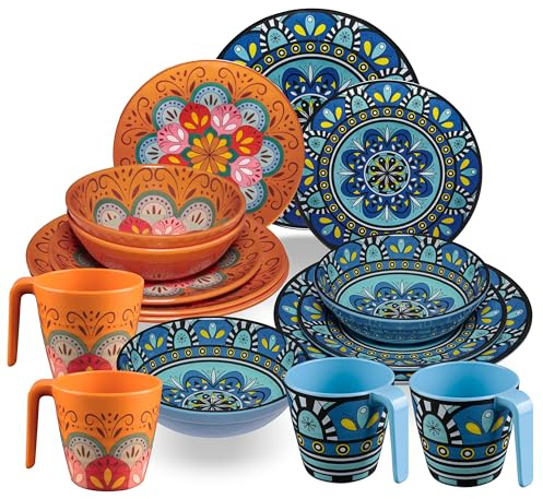 Service de table en mélamine Toscane pastel pour 4 personnes – 16 pièces – Orange/bleu – Aspect mandala – Passe au lave-vaisselle – Vaisselle de salle à manger Accessoires de camping, camping