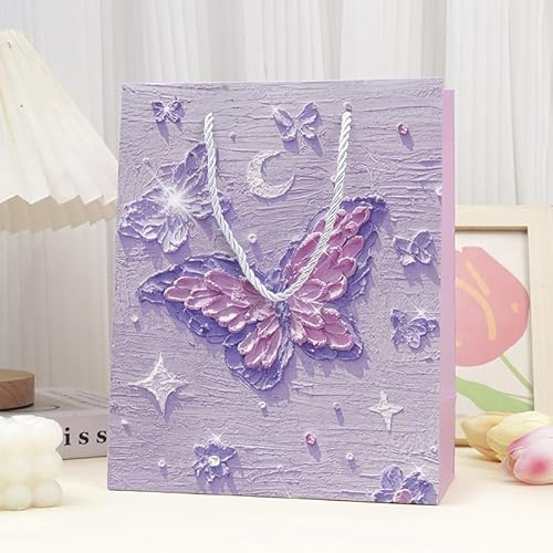 DWUENT Elegant Purple Butterfly Gift Bags with Satin Handle - Small Durable Present Bags for Birthdays, Weddings, Mother’s Day - Stylish Occasion Gift Packaging (26cm x 21cm)