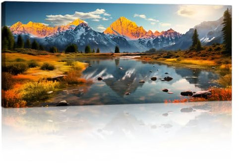 Cadre en Bois Grande Impression sur Toile Orange Nature Paysage d'automne Image sur Toile Neige Montagne Coucher de Soleil Peintures sur Toile Moderne Mural Tableau Decor Murale Salon Chambre 50x120cm