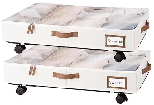 Underbed Storage Boxes on Wheels with Clear Lid, Reinforced Soft Leather Look Handles and Thick Fabric, Wardrobe Storage Organiser for Clothes, Shoes, Bedding, Toys, Cream/Beige, Large, 2 Pack