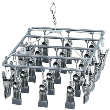 YHESUBZ Edelstahl Trocknen Rack,Wäscheständer aus Metall mit 23 Clips,winddichter Haken, Wäschetropfbügel, Wäscheklammern für Socken, Schals, Handschuhe (Grau)