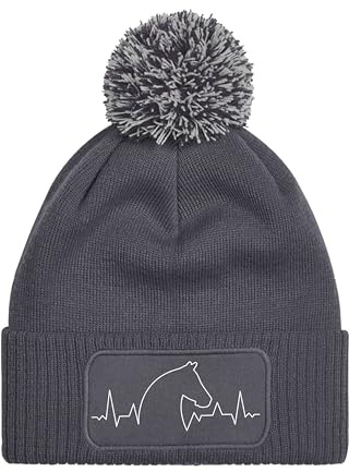 NIMAMA Mütze Beanie Heartbeat Pferd Strick Bommel Wintermütze Statement Lustiger Spruch Unisex Strickmütze für Herren & Damen