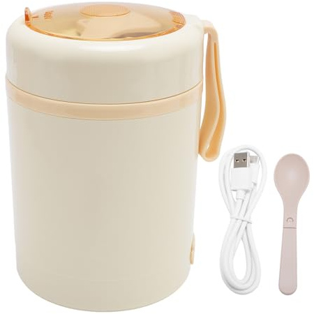 Goshyda Fiambrera Eléctrica de 600 Ml, Calentador de Alimentos Portátil de Acero Inoxidable con Cuchara, Taza Calefactora Aislada a Temperatura Constante de 60 °C Alimentada por USB, (Beige)