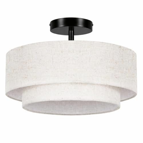 OUTON Lámpara de techo 40 cm con pantalla doble de tela, Negro mate | 3 Luces, Plafón redondo efecto lino para salón, dormitorio, cocina, comedor, pasillo y entrada