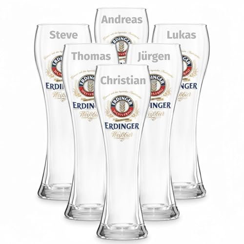 Erdinger Weinzenbierglas 0,5 Liter 6er Set mit Gravur - Weissbierglas mit individueller Personalisierung - Wunschname - Geburtstag Geschenk Männer - Vatertag