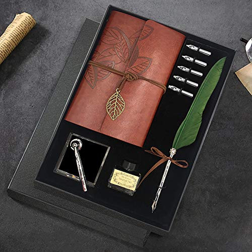 GCCL Quill-Stift und Tintenset, antikes Feder-Tintenstift-Schreibset, einschließlich Federstift, 5 Ersatzspitzen, Stift-Nib-Basis, Notizbuch, Tinte, Geschenkbox, bestes Geschenk für Ihn Männer Vater
