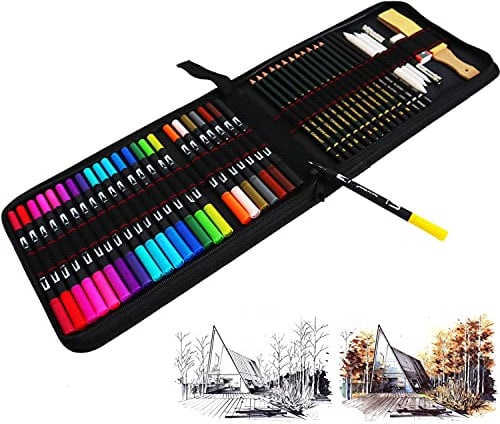 24 Rotuladores Doble Punta Fina Acuarelables y 21Pcs Profesional Dibujo de Arte y Lápiz Dibujo Conjunto de Lápiz de Carbón, Permanentes de Colores, Incluye Grande Caja lápiz