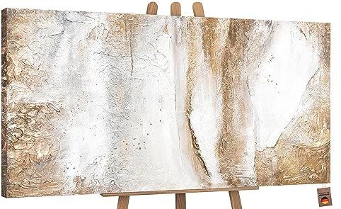 YS-Art Luxus Abstrakt Design Acryl Gemälde auf Leinwand Ästhetik handgemalt Wandbilder Wohnzimmer modern Wohndekor Bilder Büro Gold Beige echte Kunst 100x50 cm