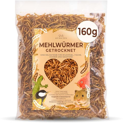 AVIDA ZEN Mehlwürmer getrocknet 1 ltr. = 160g, ideal als Wildvogelfutter und Igelfutter, getrocknete Mehlwürmer, nährstoffreicher Snack für Nager, Reptilien, Vögel, Fische, Igel, Schildkröten