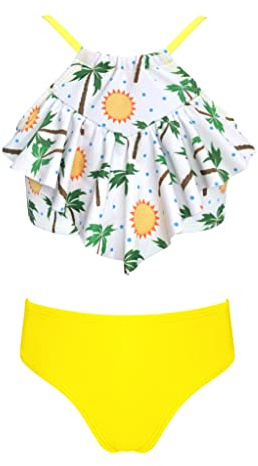 SHEKINI Imprimé Réglable Maillot de Bain Deux Pièces pour Filles Volants Top Bikini Mid Waist Bas de Maillot Bikini Filles(8 Ans, Jaune Citron-Impression)