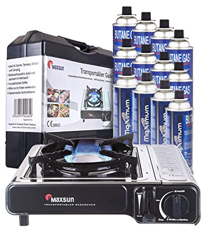 Maxsun | MaXimum Edelstahl Premium Gaskocher Set | tragbarer Campingkocher | Gaskartuschen Kocher (Kocher + 12 Kartuschen)