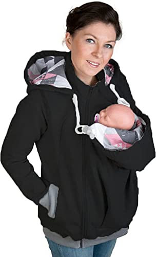 WoCOyo Babytrage Jacke Weich Atmungsaktiv Damen 3 in 1 Tragejacke für Mama und Baby mit Kapuze Langarm Umstandsjacke Warm Tragepullover Abnehmbar Frühling und Herbst Freizeitjacke,001,XL