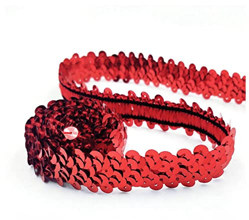 SHTGOI 10 Yards Pailletten Bänder Elastisch Glitzer Paillettenbesatz 2 cm Breite Paillettenband Trim 2-Reihiger Paillettenborte Stoffband für DIY Nähen Kleidung Handwerk Deko Rot