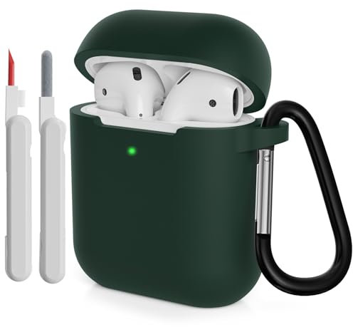 KOKOKA Silikonhülle Kompatibel mit AirPods 2 Hülle mit Reinigungsset und Schutzhülle für AirPods 2. Generation Case, Stoßfeste Weiche Dünne Case für Airpods 2 Mit Karabiner, Dark Green