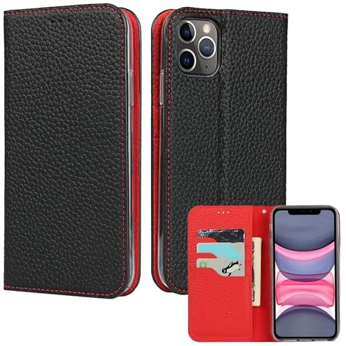 ELTEKER Hülle iPhone 11 Pro Max Handyhülle [Echtes Leder] Klapphülle mit Kartenfach,Schutzhülle Leder Hülle für iPhone 11 Pro Max-Schwarz