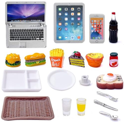 20 PCS Miniatur Laptop Computer Spielzeug, Miniatur Lebensmittel Spielzeug, Hamburger Fast Food Spielzeug, Miniatur Spielküche Zubehör, Miniaturen Puppenhaus zubehör