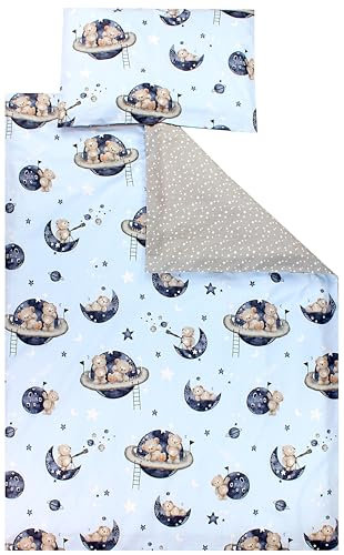 TupTam Kinder Bettwäsche Gemustert 2-Teilig Wendebettwäsche, Farbe: Bären im Kosmos/Weiße Sterne/Grau, Größe: 120x90 cm