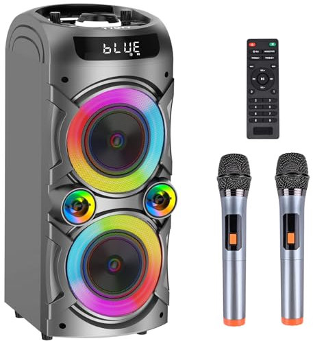 TYOTY Máquina de karaoke con 2 micrófonos inalámbricos, sistema PA portátil, altavoz Bluetooth grande con luces LED, control remoto compatible con ajuste de graves/agudos, tarjeta TF/USB, REC para fie