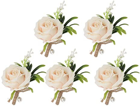 5 Stück Hochzeits-Boutonniere-Anstecknadel, Eukalyptus-Boutonniere für Männer, Hochzeit mit Anstecknadeln, künstliche Blumen-Corsage aus Kunststoff für Braut und Bräutigam (Sekt)