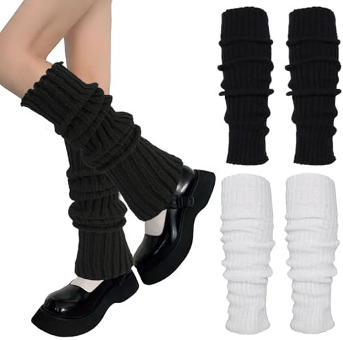 Teaaha 2 Paar Damen Lang Beinwärmer Gestrickte Over-Knee Beinstulpen Winter Crochet Stricken Stulpen Beinstulpen für Herbst und Winter, Weiche und Warme Stulpen für Frauen und Mädchen (schwarz, weiß)