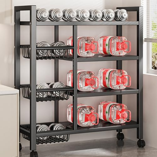 Shelving Unit With 3 Baskets,Kitchen Storage Rack With Roating Wheels,4 Tier Strong And Durable Metal Kitchen Trolley Rack Racking On Movable Pulleys For Kitchen Workshop Pantry 80x32x108cm Black