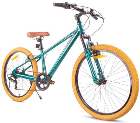 sun baby Jungenfahhrad 24 Zoll von 8 Jahre, Verdant Rowan Jungen Bike mit 7 Gang Shimano, Kinderfahrrad mit mit V-Bremsen, Stoßdämpfer, Klingel, Seitenständer (Grün mit Stoßdämpfer)