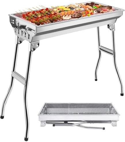 EOXCIIU Portable Charcoal Grill BBQ - 28.7 x 13 x 6.3 inch, Large Folding Stainless Steel Lightweight Smoky Barbecue Grill for Skewers, Burgers & Steaks - Camping, Picnic, Backyard & Outdoor Cooking
