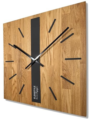FLEXISTYLE Modern wanduhr ohne tickgeräusche modern wanduhren Holz Badezimmer Wohnzimmer Eiche (Schwarz Eckig, 50cm)