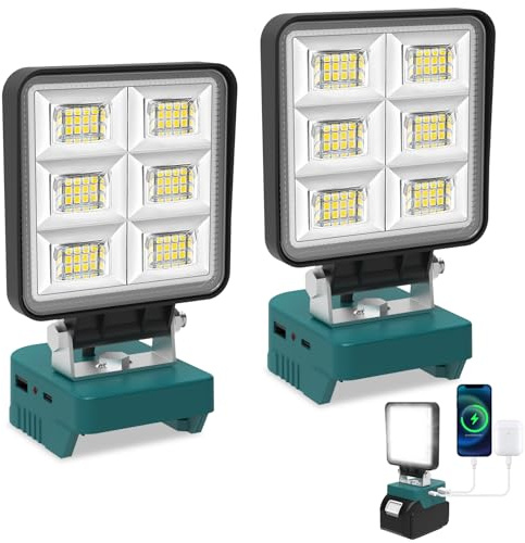 T-SUN 2 Pack Cordless LED Work Light for Ma-Kita 18V/20V Battery, 48W 5200LM Flood Light with Low Voltage Protection & USB-C Charging, Job Site Lighting for Emergency Workshop Garage (No Battery)