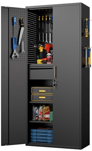 Aobabo Metall-Aufbewahrungsschrank mit 5 Stecktafeln und 2 Schubladen, 180 x 76 x 38 cm, abschließbarer Stahl-Werkzeugschrank für Garage, Lager, Montage erforderlich (N-1 Schublade, Schwarz)