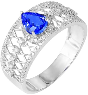 Homxi Trauring Ringe 750 Weißgold Damen, Hohl und Wassertropfen mit Erstellter Saphir 1 Karat und Moissanit, Damenring Verlobungsring Blau Silber Größe 48 (15.3)