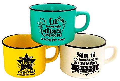 Lote de 6 Tazas con Frases GRACIAS POR VENIR (Precio Unitario). Tazas Originales para Detalles de Bodas, Bautizos y Comuniones.