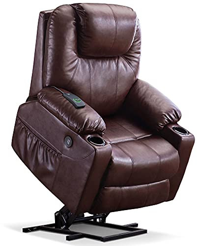 MCombo Riser and Recliner Armchairs for Elderly, Electric Power Lift Chairs for Living Room, Brown Lift Chair with Heat & Massage, Extended Footrest, USB Ports, Faux Leather 7040 (Dark Brown, Medium)