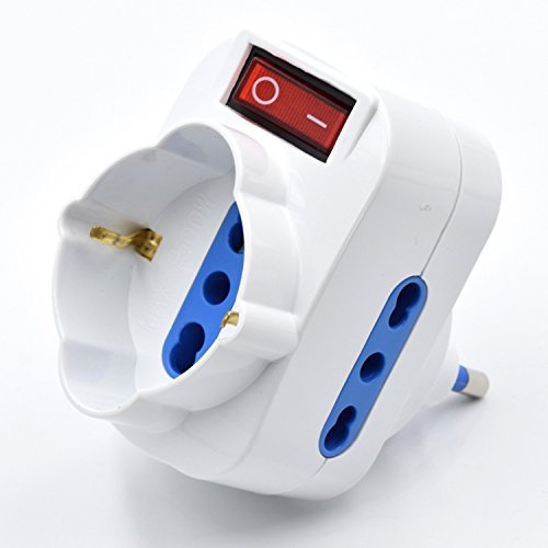 Adattatore rotante bianco, 2 prese Italiane 10/16A e 1 presa Schuko 10/16A, spina rotante 16A con interruttore, compatto