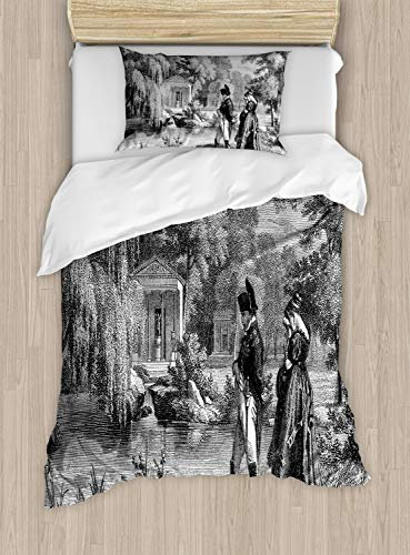 ABAKUHAUS Jahrgang Bettbezugs Set für Einzelbetten, Napoleon Frau Garten, Milbensicher Allergiker geeignet mit Kissenbezug, 130 x 200 cm, Dunkelgrau Schwarz