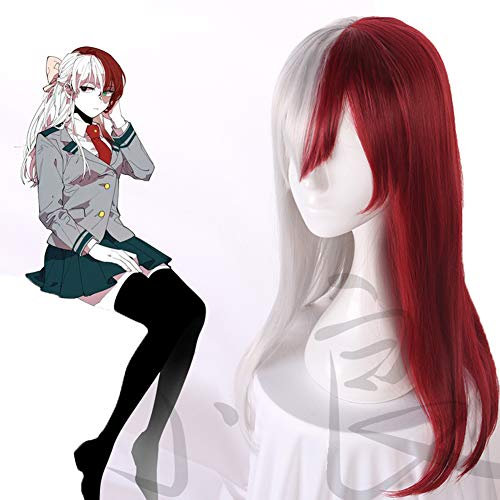 GZIRUE Shoto Todoroki Cosplay Dunkelrot Silber Lange Gerade Perücke Haar für Anime My Hero Cosplay Kostüm Mein Held BNHA Wig