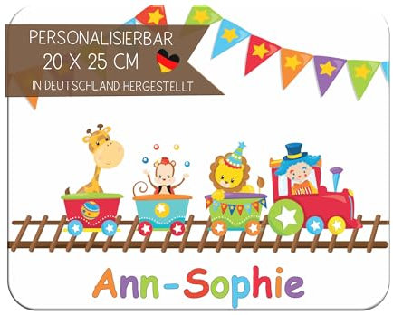 CreaDesign Personalisiertes Kinder Frühstücksbrett mit Namen, 20x25 cm, rutschfestes Schneidebrett aus Kunststoff, Zug Design, spülmaschinen & mikrowellengeeignet, Perfektes Schneidbrett für Kinder